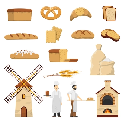 Flat bakery set with two bakers bread and other baked products isolated on white background vector illustration