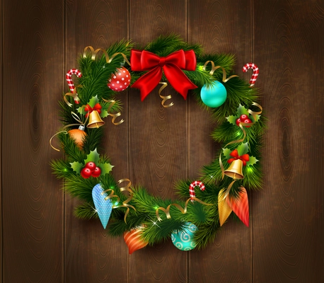 Festive Christmas wreath poster with balls candies bells and bow on wooden background isolated vector illustration