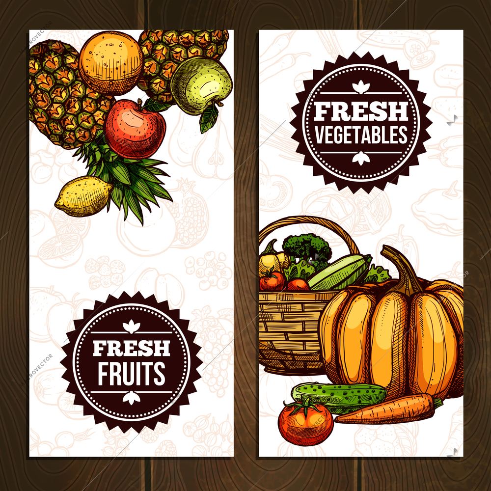 Vegetables and fruits vertical banners with pineapple lemon pear apple pumpkin carrot cucumber and tomato vector illustration