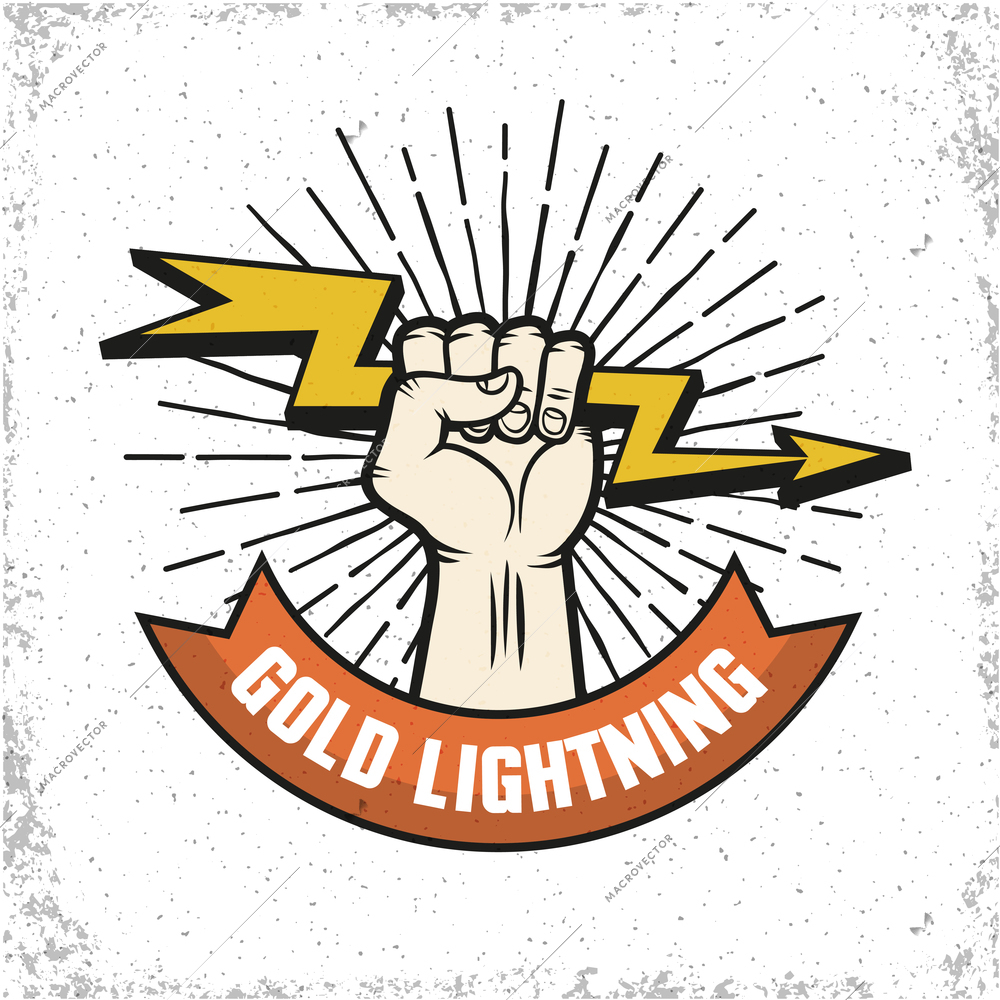 Flat logo emblem for company with human hand holding gold lightning on textured background vector illustration