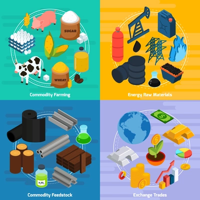 Commodity concept icons set with commodity farming and raw materials symbols isometric isolated vector illustration