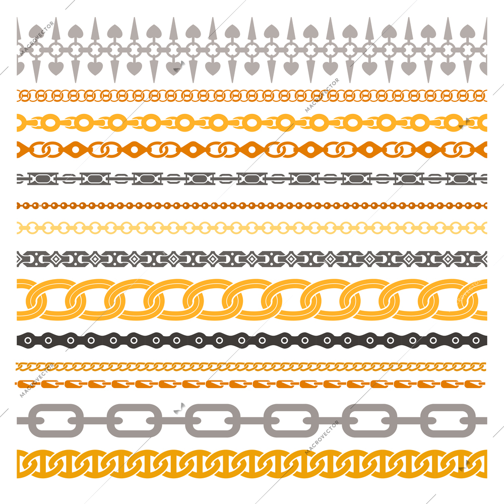 Colorful chains collection made of silver gold bronze steel and iron isolated vector illustration