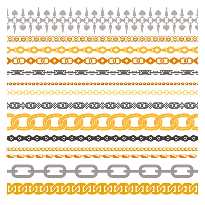 Colorful chains collection made of silver gold bronze steel and iron isolated vector illustration