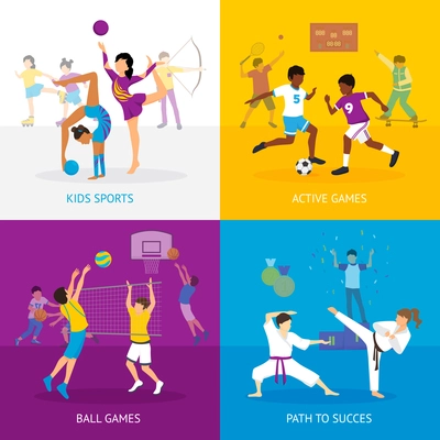 Sport games concept with various activities for children and adults in flat style vector illustration
