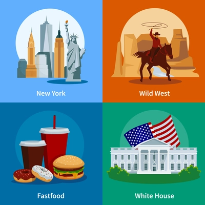 Colorful usa 2x2 flat icons set with new york wild west white house and american fastfood isolated vector illustration