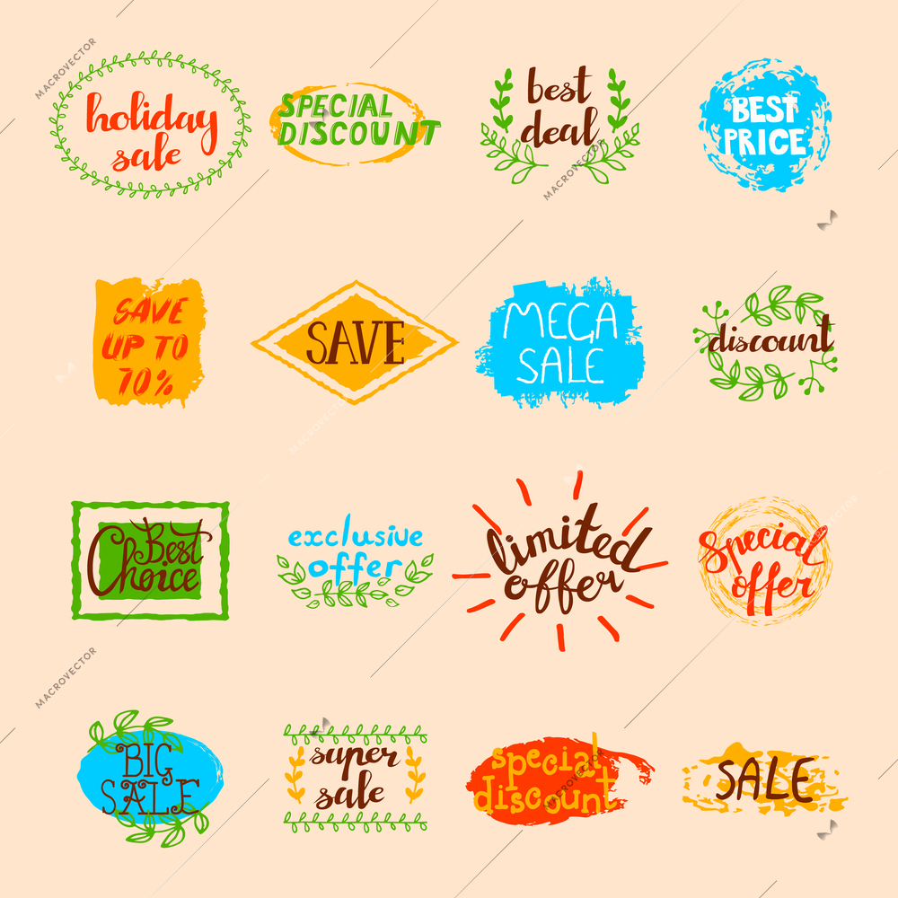 Sale labels set of different promotional advertising signs and elements in retro style isolated vector illustration