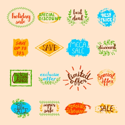 Sale labels set of different promotional advertising signs and elements in retro style isolated vector illustration