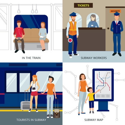 Subway design concept with workers tourists and people in train flat isolated vector illustration