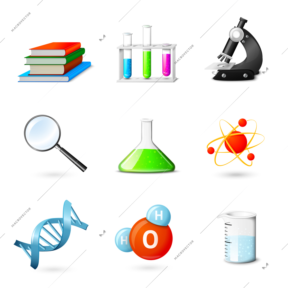 Science realistic icons set with books beakers microscope magnifier isolated vector illustration