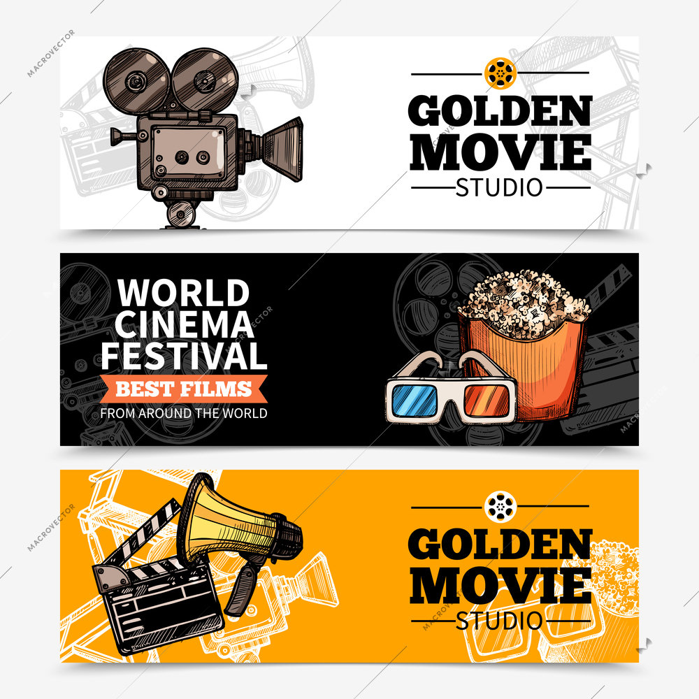 Cinema horizontal banners with studio title camera clapperboard popcorn 3d glasses and megaphone vector illustration