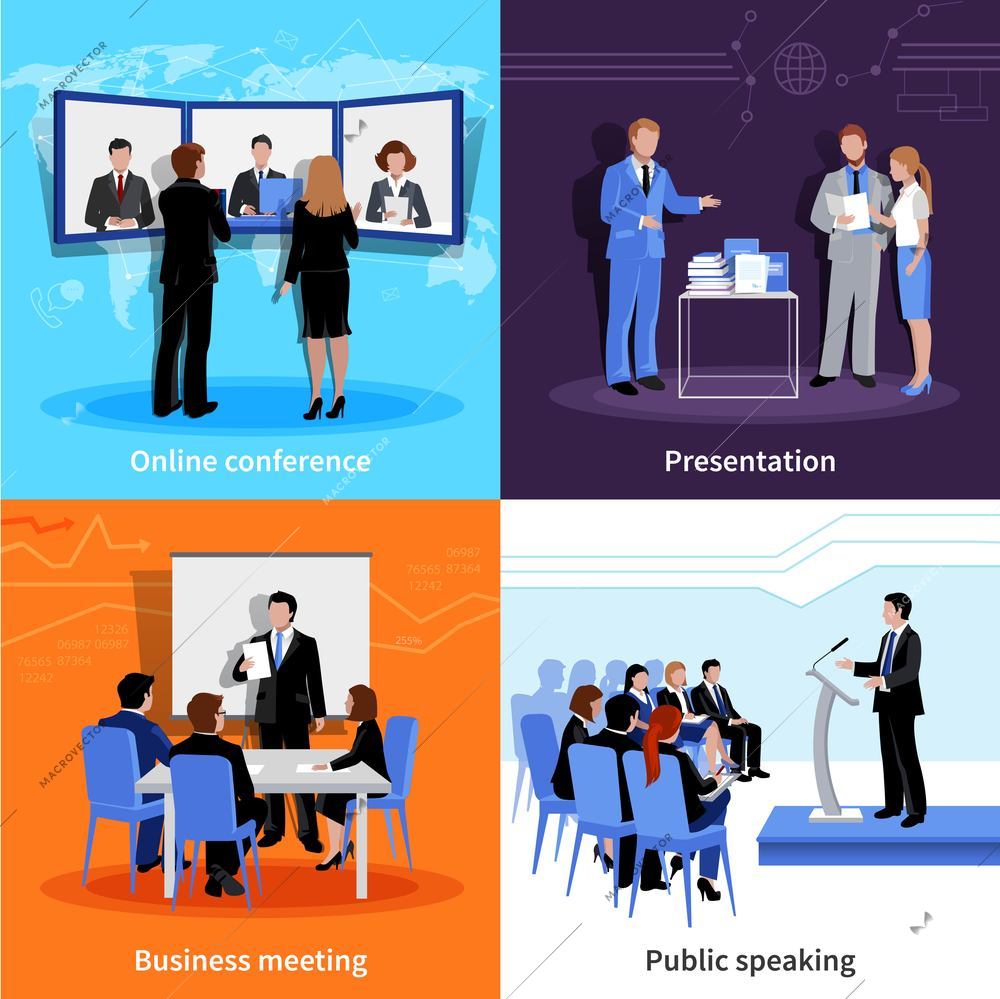 Public speaking 4 flat icons square composition banner with meeting and conference presentations