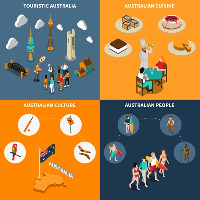 Australian culture for travelers 4 isometric icons square poster with  guided city tours and cuisine isolated vector illustration