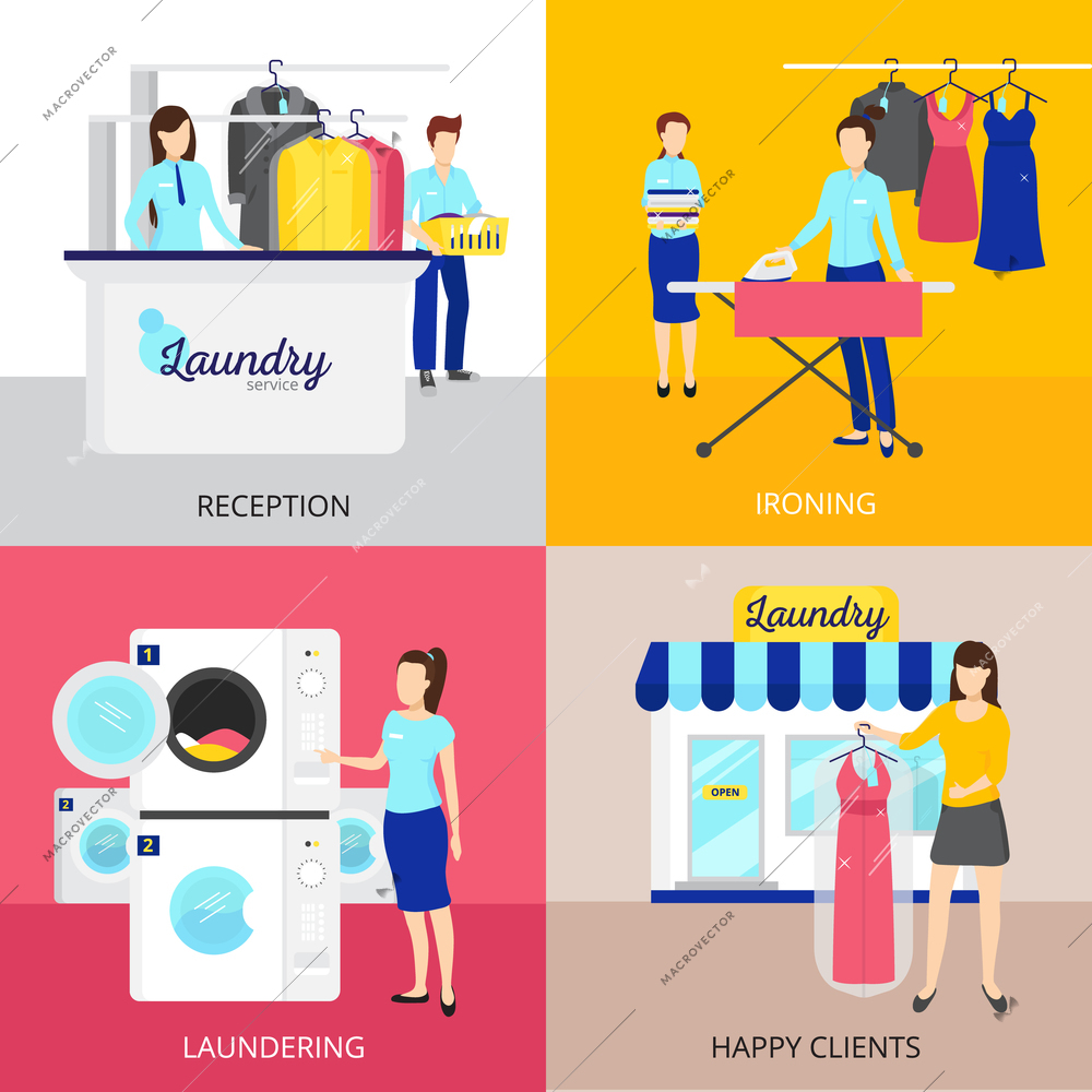 Laundry concept icons set with iron and reception symbols flat isolated vector illustration