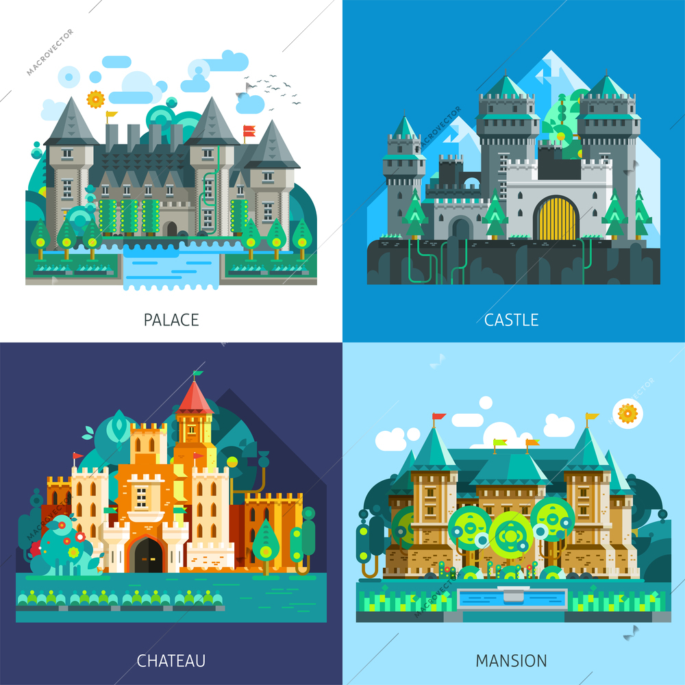 Medieval castles set of various buildings construction in colorful flat style isolated vector illustration