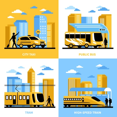 City transportation 2x2 design concept with public bus tram taxi and high speed train compositions flat vector illustration