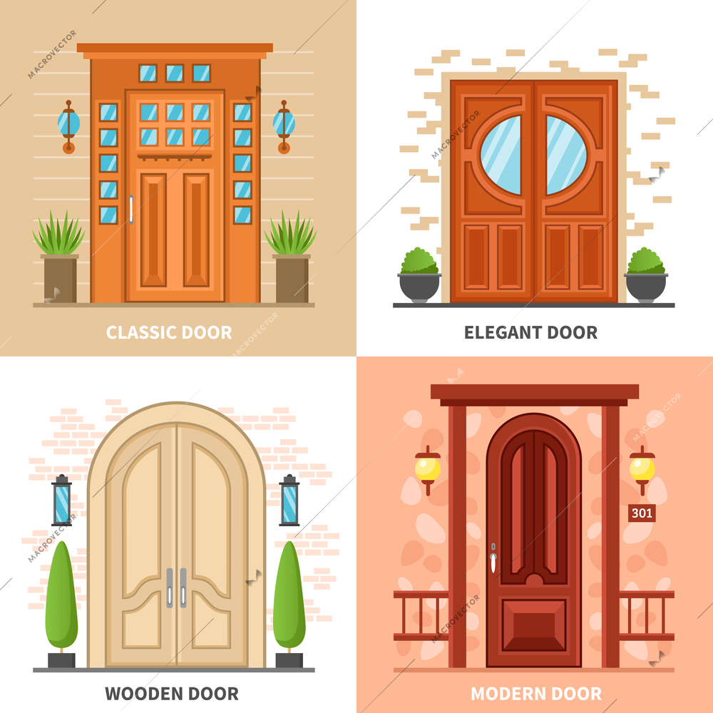 Front modern and classic doors to private houses and buildings 2x2 design concept in flat style vector illustration