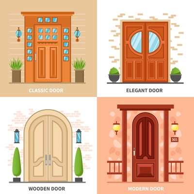 Front modern and classic doors to private houses and buildings 2x2 design concept in flat style vector illustration