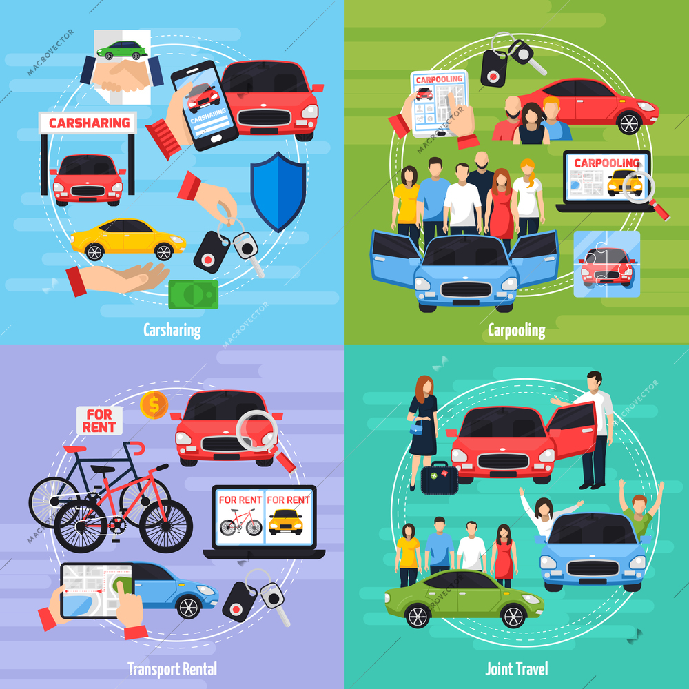 Carsharing concept icons set with joint travel symbols flat isolated vector illustration