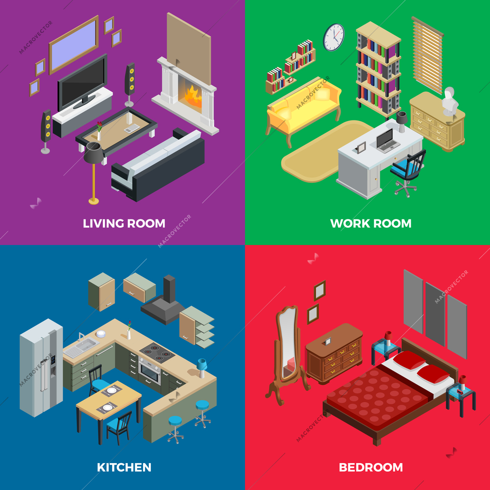 Interior composition icons set with living room bedroom and kitchen isolated vector illustration