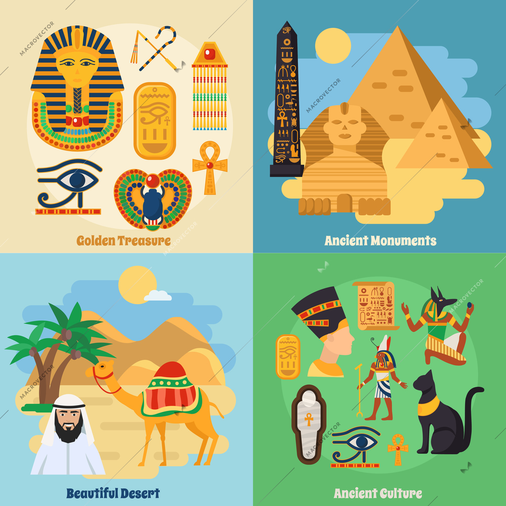 Egypt concept icons set with ancient culture symbols flat isolated vector illustration