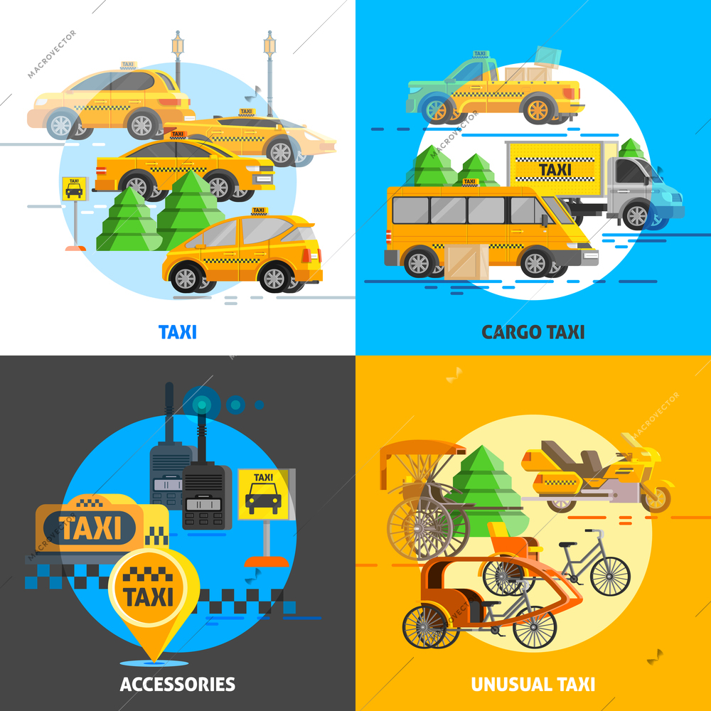 Taxi service concept with different types of transports and support in flat style vector illustration