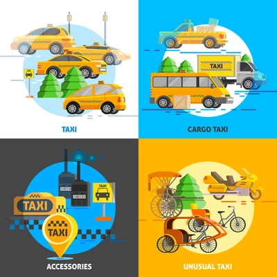 Taxi service concept with different types of transports and support in flat style vector illustration