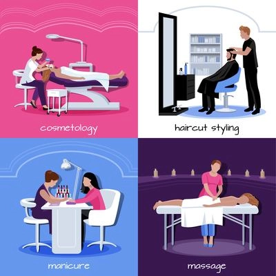 Beauty salon people concept with various relax stylish and cosmetic procedures in flat style isolated vector illustration