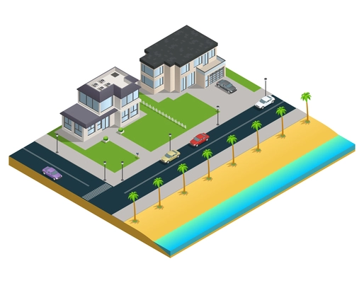 Isometric composition with two suburban houses near sand beach on white background vector illustration