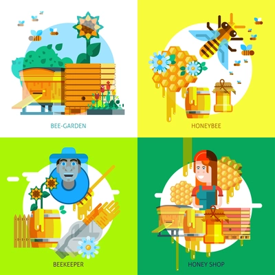 Colorful beekeeping concept of honey elements and icons in flat style isolated vector illustration