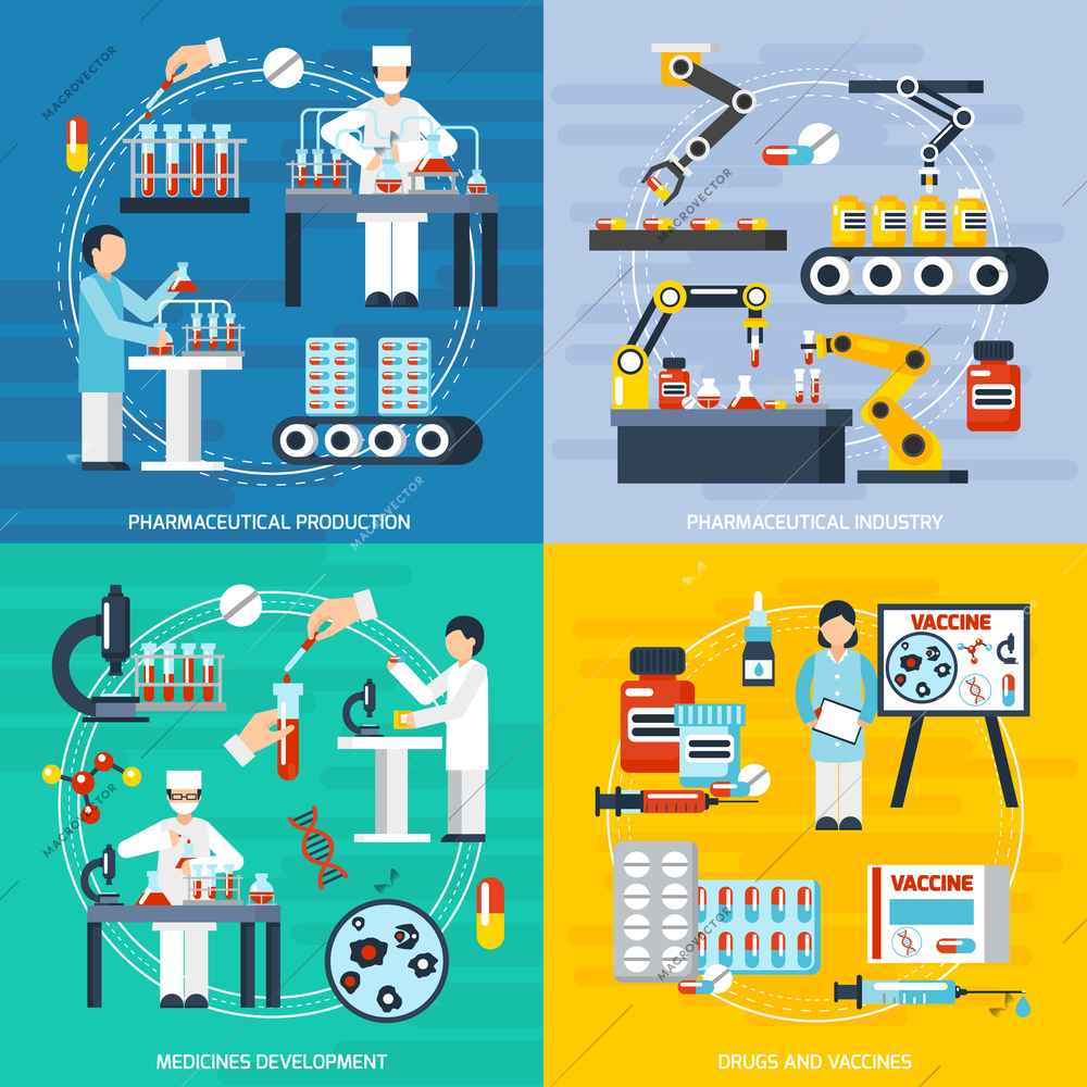 Pharmaceutical production concept icons set with pharmaceutical industry symbols flat isolated vector illustration