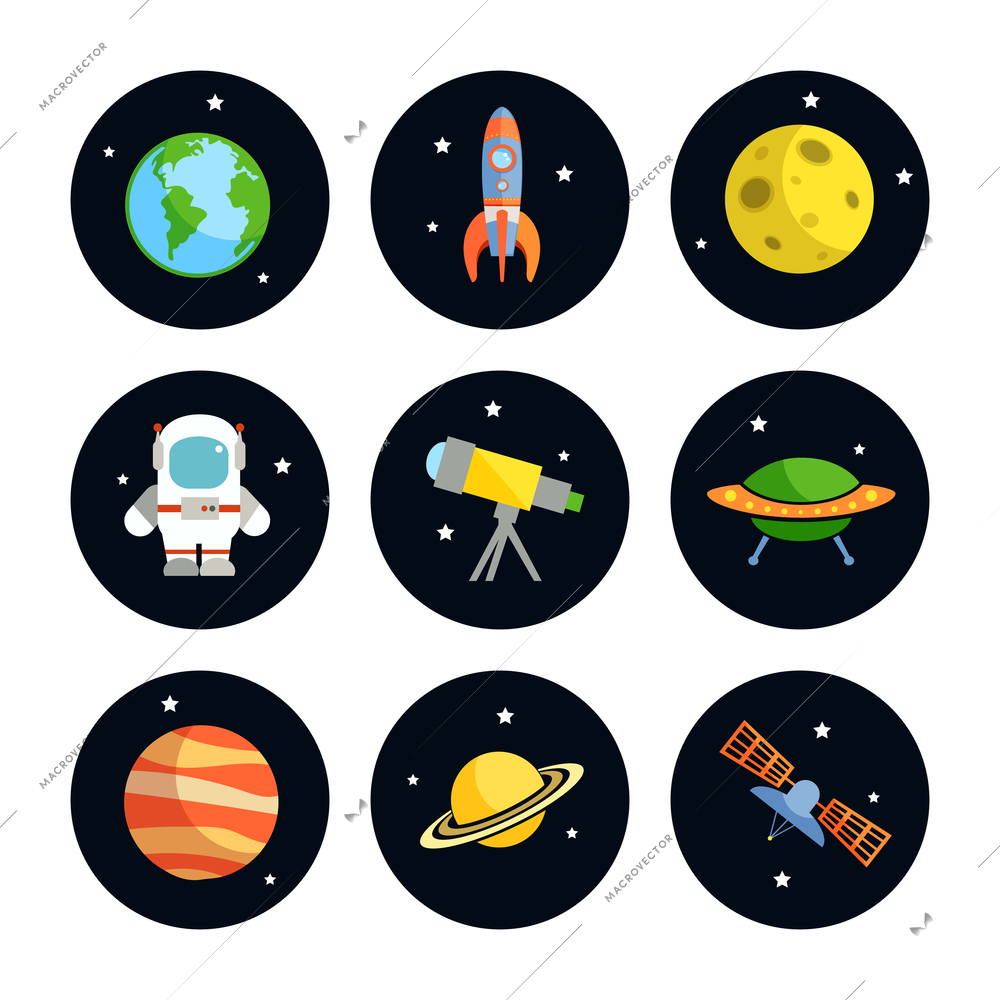 Space and astronomy round icons set of earth rocket moon astronaut isolated vector illustration