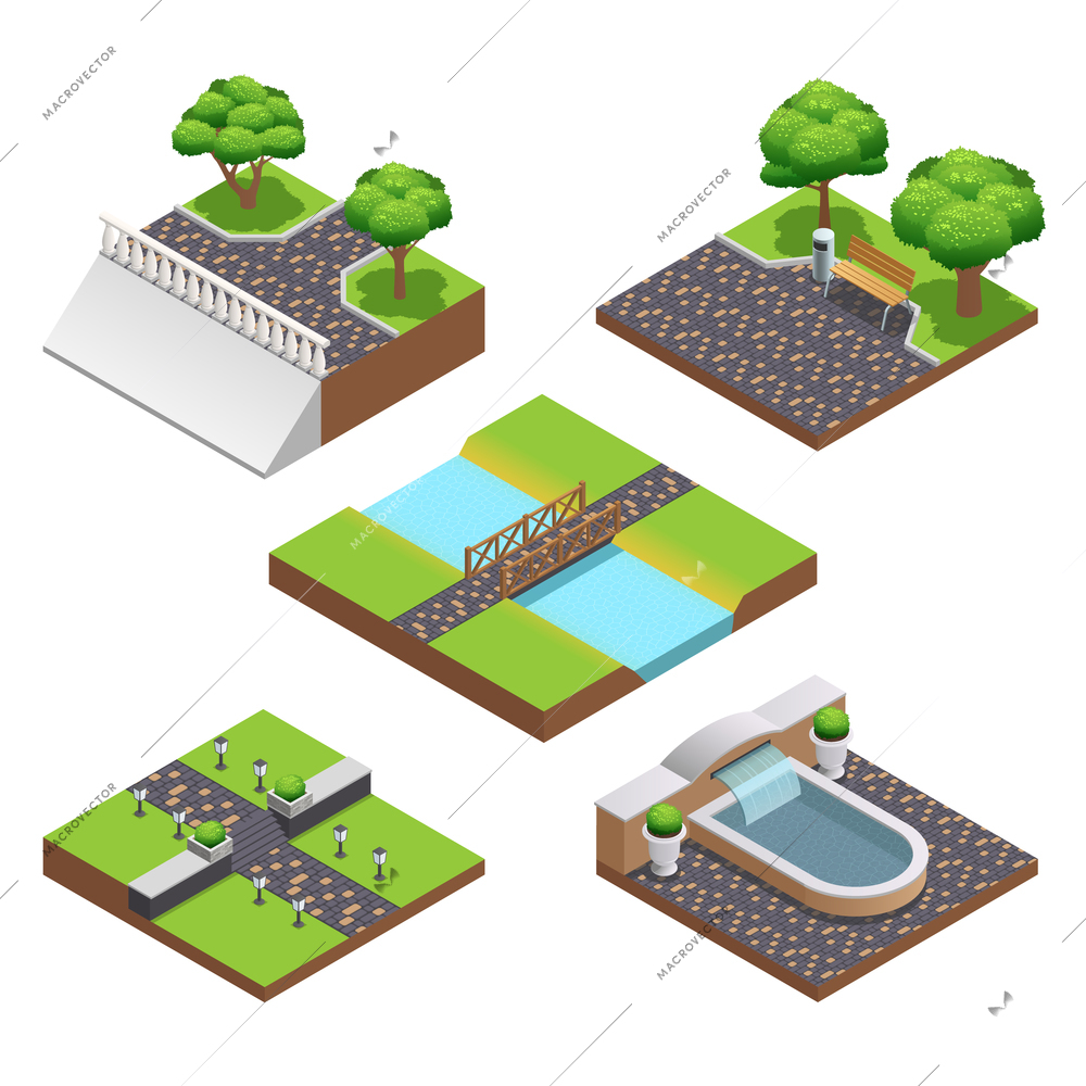 Landscaping isometric compositions with summer trees and beautiful decorations for garden or park with fountain lanterns bridge bench fence isolated on white background vector illustration