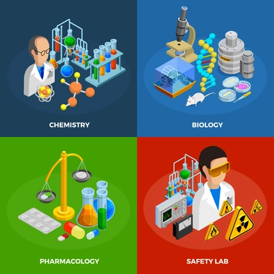 Science concept icons set with chemistry biology and pharmacology symbols isometric isolated vector illustration