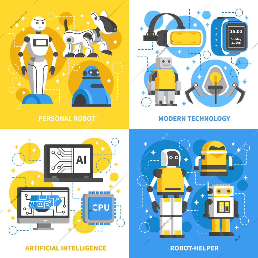 Artificial intelligence 2x2 design concept of modern technology with smart machine personal robots and ai signs flat vector illustration