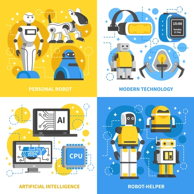 Artificial intelligence 2x2 design concept of modern technology with smart machine personal robots and ai signs flat vector illustration