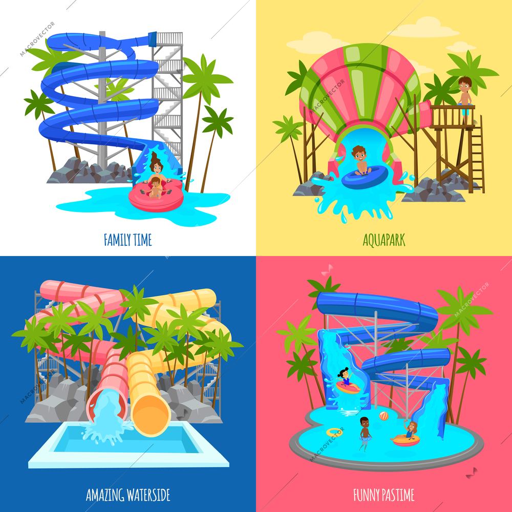 Aquapark design concept with water slides tubes pools for amusement of children and family isolated vector illustration