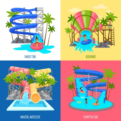 Aquapark design concept with water slides tubes pools for amusement of children and family isolated vector illustration