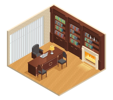 Isometric luxury interior for study with furniture laptop and decorations on white background vector illustration