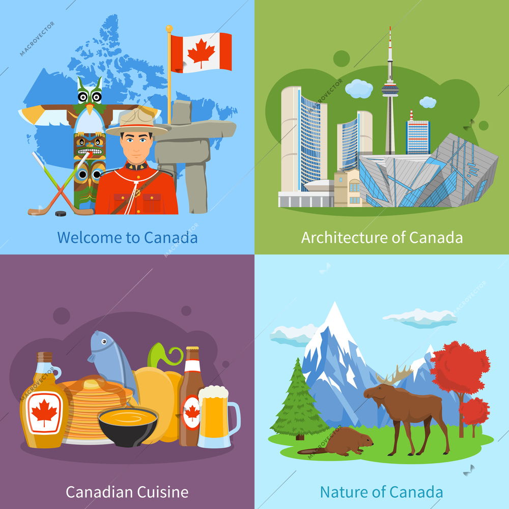 Canadian culture landmarks nature and cuisine for tourists 4 flat icons square poster concept isolated vector illustration
