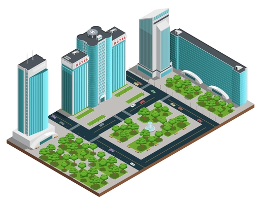 Modern cityscape isometric composition with many storeyed buildings and green parks on white background vector illustration