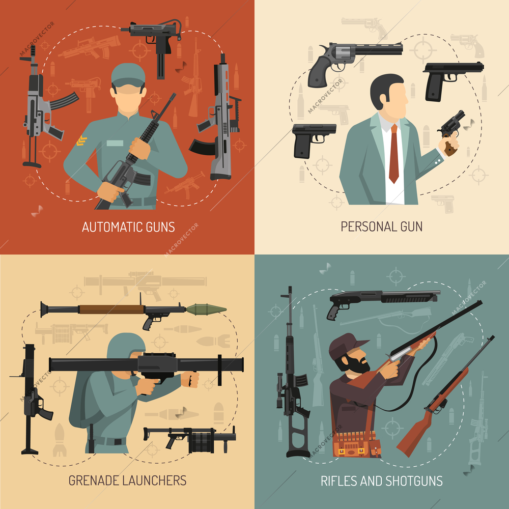 Armed men with weapons guns grenade launchers and pistols 2x2 flat design concept isolated vector illustration