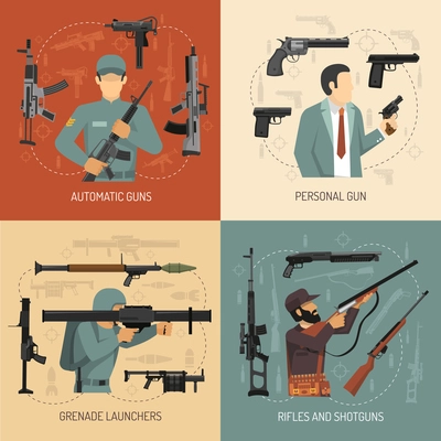 Armed men with weapons guns grenade launchers and pistols 2x2 flat design concept isolated vector illustration