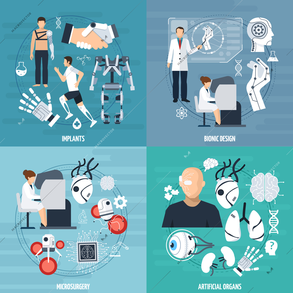 Modern bionics template with different achievements of medical technologies in flat style vector illustration