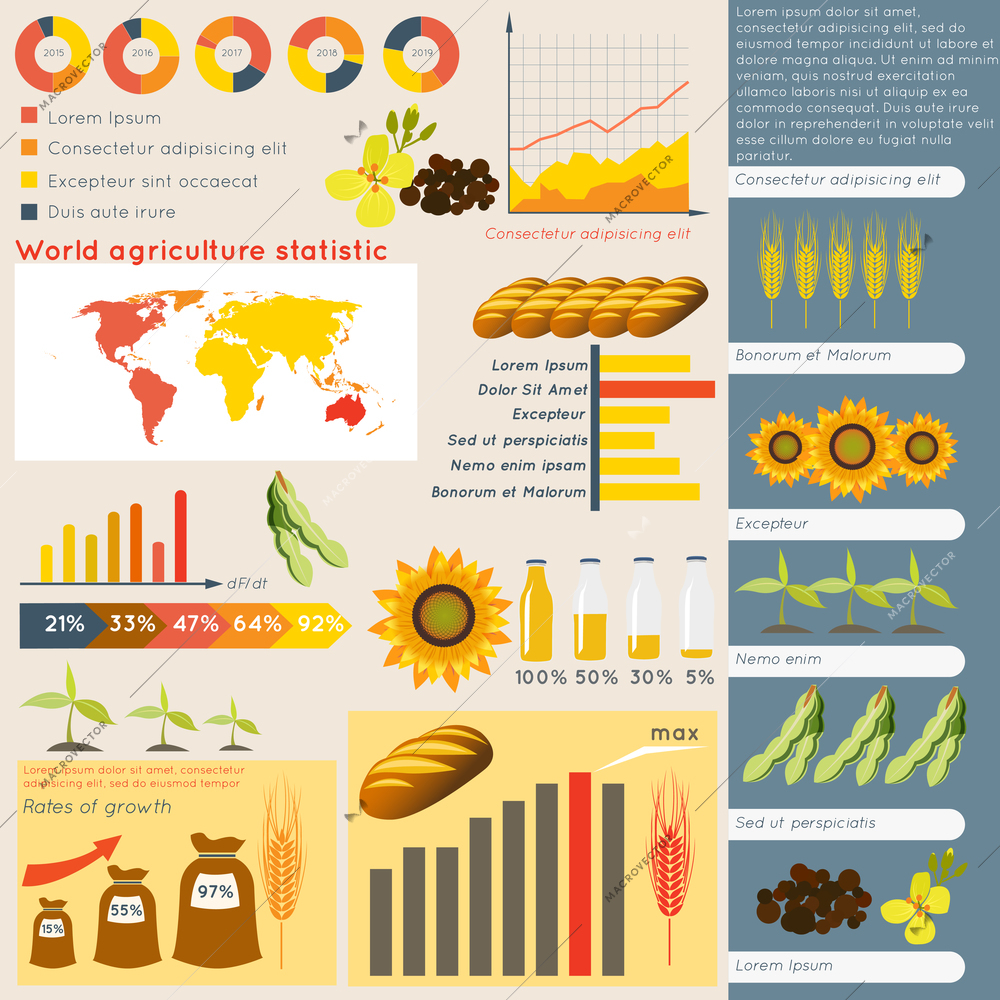 Agriculture farming organic food plant wheat sunflower charts and graphs vector illustration