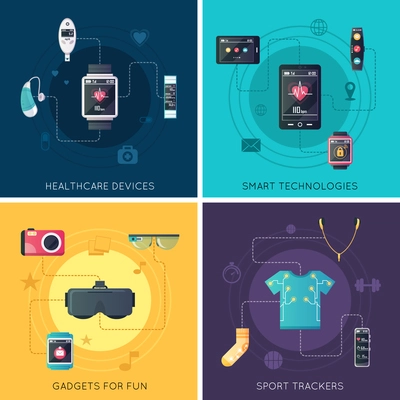 Wearable tech gadgets 4 flat icons square  design with augmented reality glasses and fitness tracker isolated vector illustration