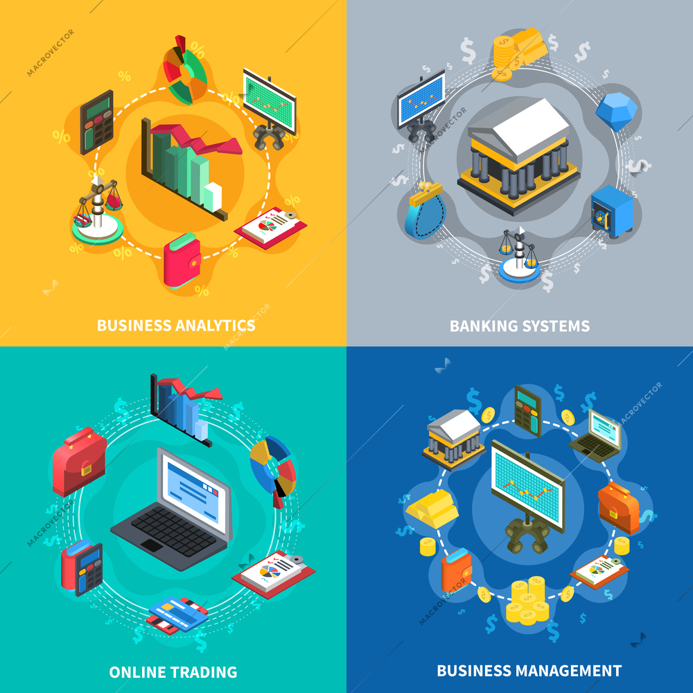 Business management analytics online trading systems with financial banking symbols signs 4 icons square isolated vector illustration