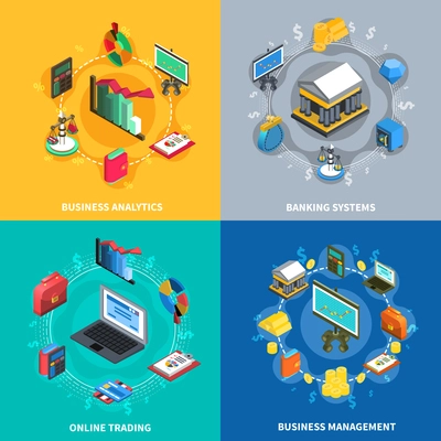 Business management analytics online trading systems with financial banking symbols signs 4 icons square isolated vector illustration