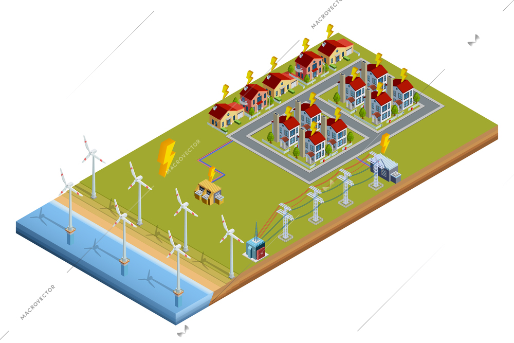 Environment friendly clean wind turbine electrical power generator station isometric layout banner with consumers houses vector illustration