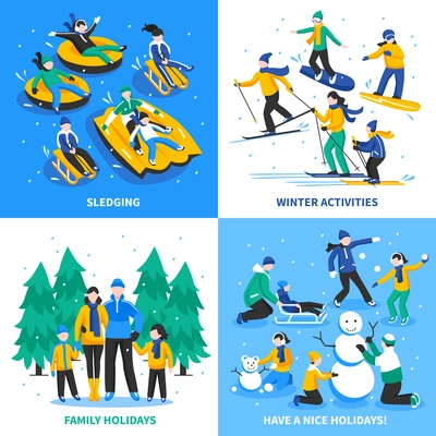 Winter activity 2x2 design concept with happy kids and parents skiing sledging skating flat vector illustration