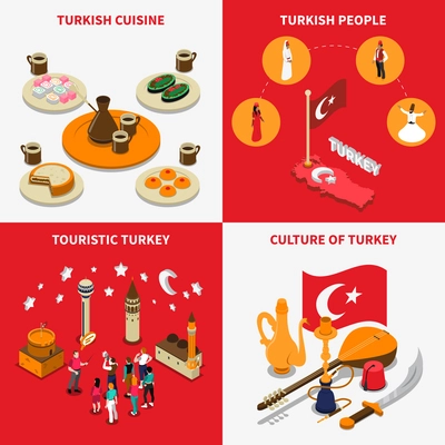 Touristic attraction in turkey 4 isometric icons square with historic basilica and mosque landmarks isolated vector illustration